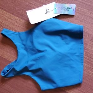 Gottex Ultraluxe Racerback Sports Bra Nylon Crop Top -Storm Blue Sz: XS, NWT